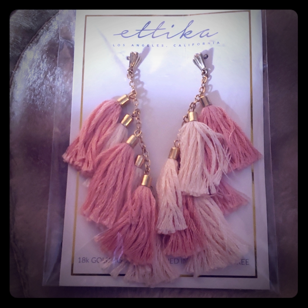 ettika 2" drop earrings with pink tassels
